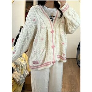 Taylor Swift Lover Cardigan Cream Pink Heart Embroidered Knit Sweater MD/LG